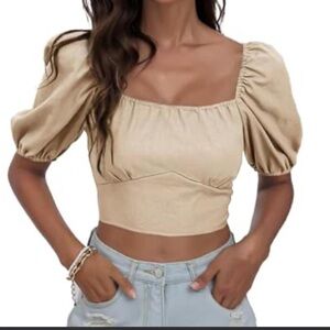 Elegant Tan Puff Sleeve Crop Top